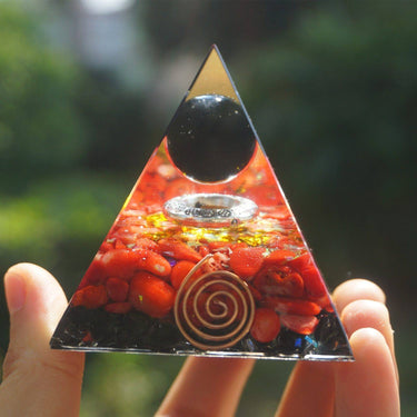37-Handmade Obsidian & Red Coral Crystal Sphere 'OPTIMISM' ORGONITE Pyramid